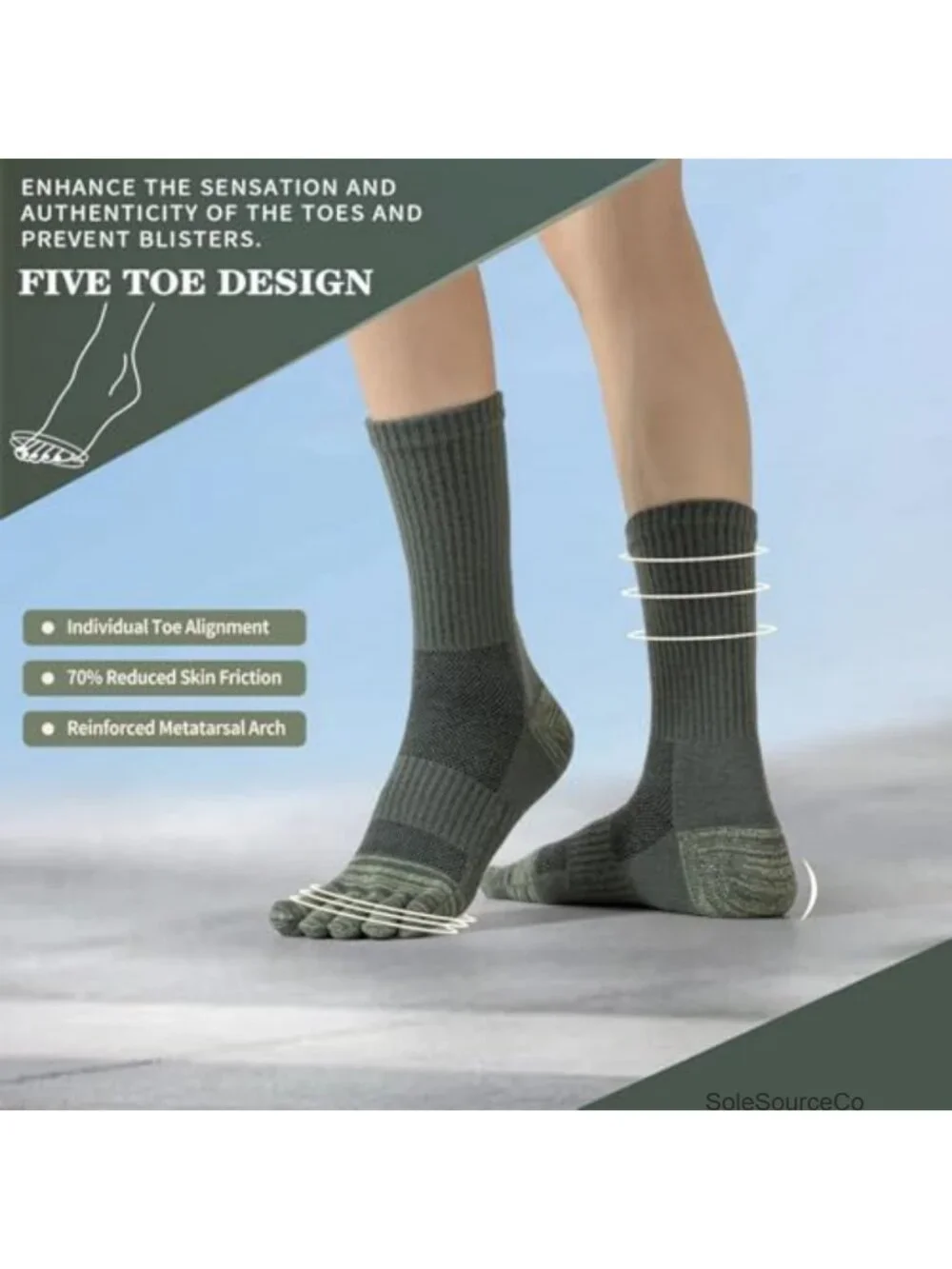 Merino Wool Toe Socks for Hiking Men Women, Crew Five Finger Socks